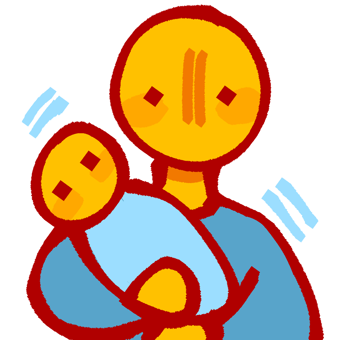 a yellow figure dressed in light blue, holding and rocking a baby swaddled in pastel blue